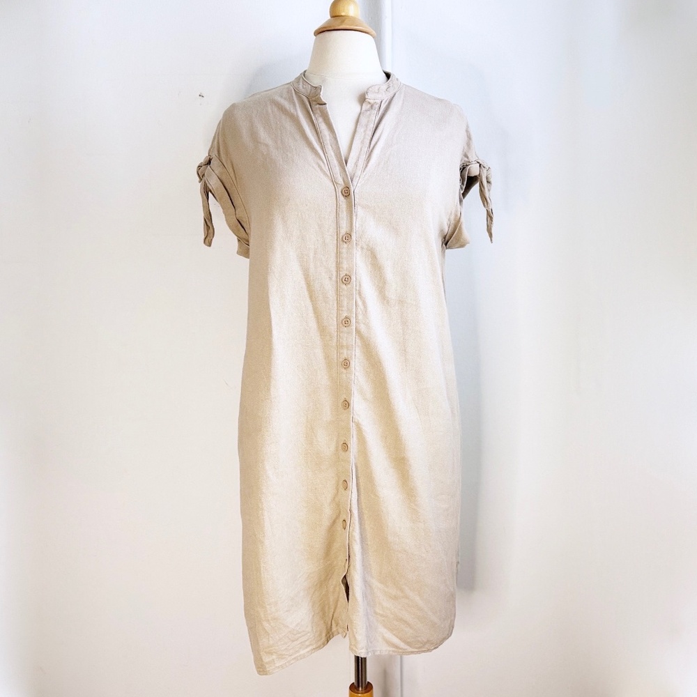 London Time Linen Blend Beige Shift Shirt Dress Size 8 M Medium Short Sleeve